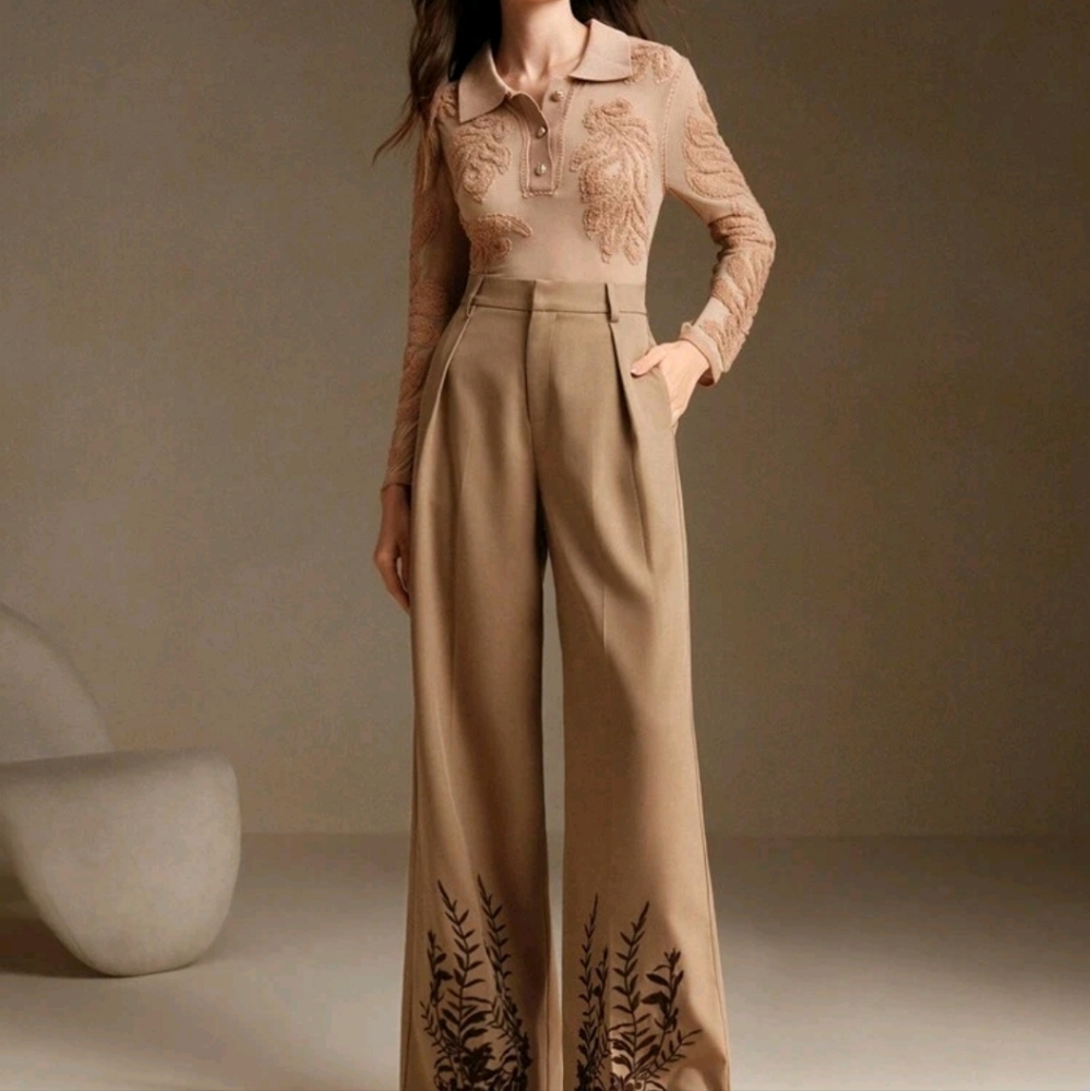 High Waisted Straight Leg Trousers With Floral Embroidery Design, New Year's - Picture 5 of 5